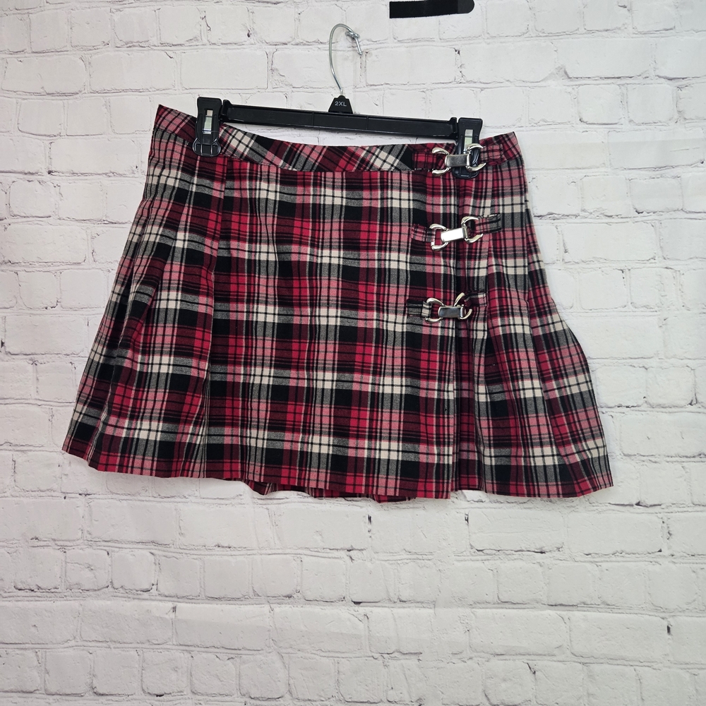 Rave Red and Black Plaid Mini Skirt with Buckles Wrap Style Sz‎ 13 Punk Goth Emo